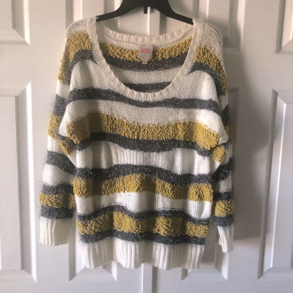 RBL white knit sweater w/ grey fringe & mustard yellow pom pom striped design S